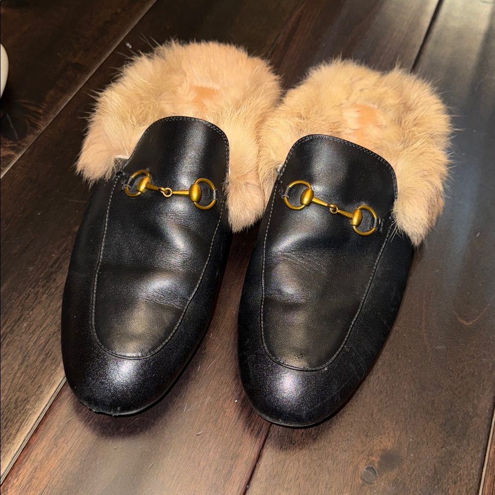 Black Leather Fur-Lined Loafers